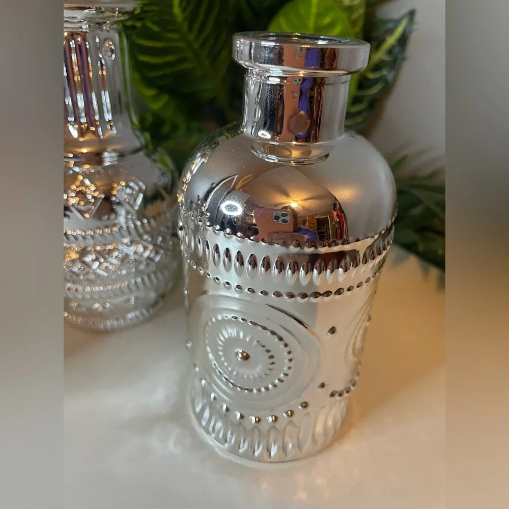 Silver Chrome Textured Glass Vases with Ornate Accents, Bud vase, Small vase